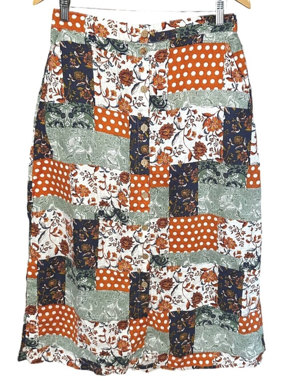 Patchwork Linen Midi Skirt Button Up Floral Cottagecore Boho Festival Large
